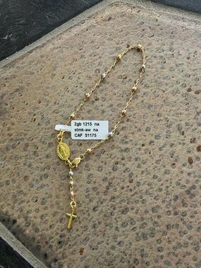 14kt. Yellow white and rose gold Rosary Style Bracelet with Cross Charm7”